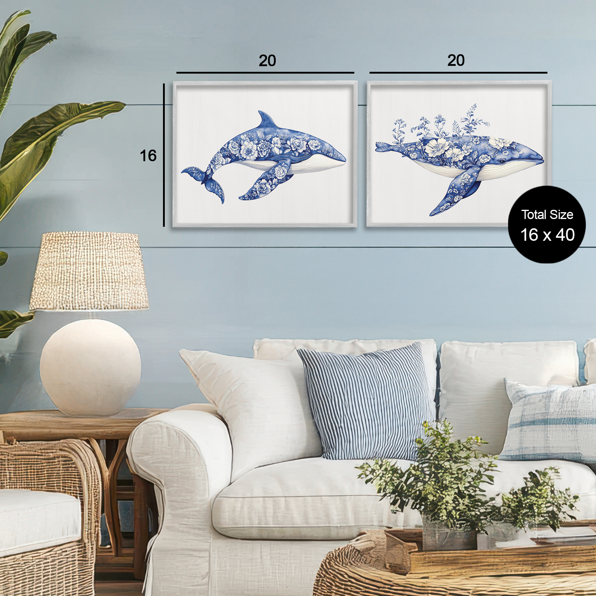 Blooming Toile Pattern Whales 2 Piece Gray Framed Giclee Art Set, design by Lettered and Lined