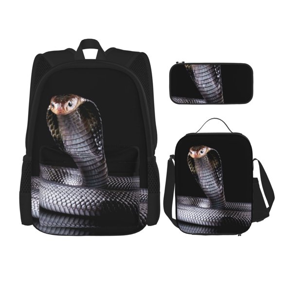 Disketp Black Cobra Snake Print Large Capacity Backpack Lunch Bag Pencil Case Combination 3 Piece Set for Student