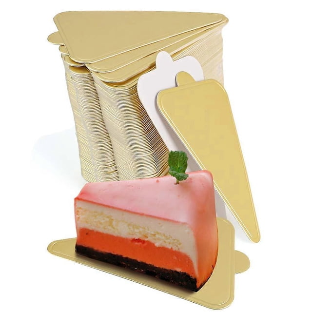 bases para tartas yashi minitablas para tartas 200 unidades doradas Set de 200 mini tablas triangulares de cartón color dorado, tamaño aproximado 118 x 78 mm, apiladas con una pieza colocada debajo de una porción de pastel; ideales para exhibir mini pasteles y otros postres en bodas y fiestas.