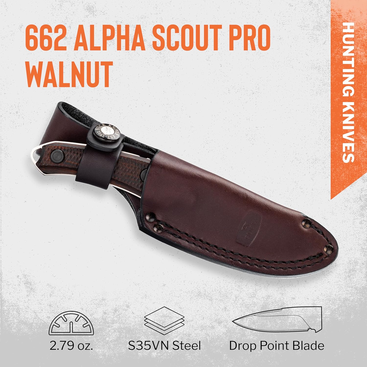 Buck Knives 662 Alpha Scout Pro Hunting Knife, 2-7/8" Fixed Blade, Textured Walnut DymaLux Handle, 2.79 oz