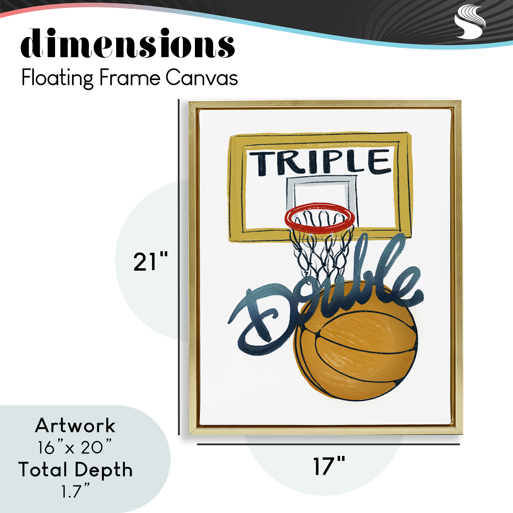 Triple Double Basketball Gold Framed Floater Canvas Wall Art, design by Connie Summers