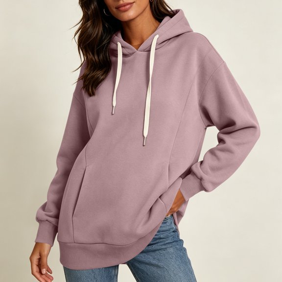 WIZUTIZ Women's Casual Hooded Pocket Sweatshirt Long Sleeve Pullover Hoodie Solid Color Relaxed Fit Fall Winter Everyday Warm Top
