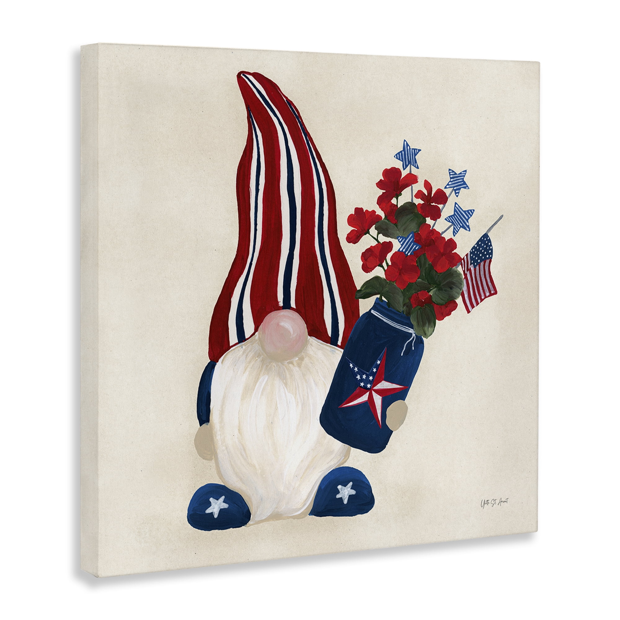Stupell Industries Patriotic Gnome & Flowers Patriotic Painting Wrapped Canvas Art Print Wall Art, 17 x 17