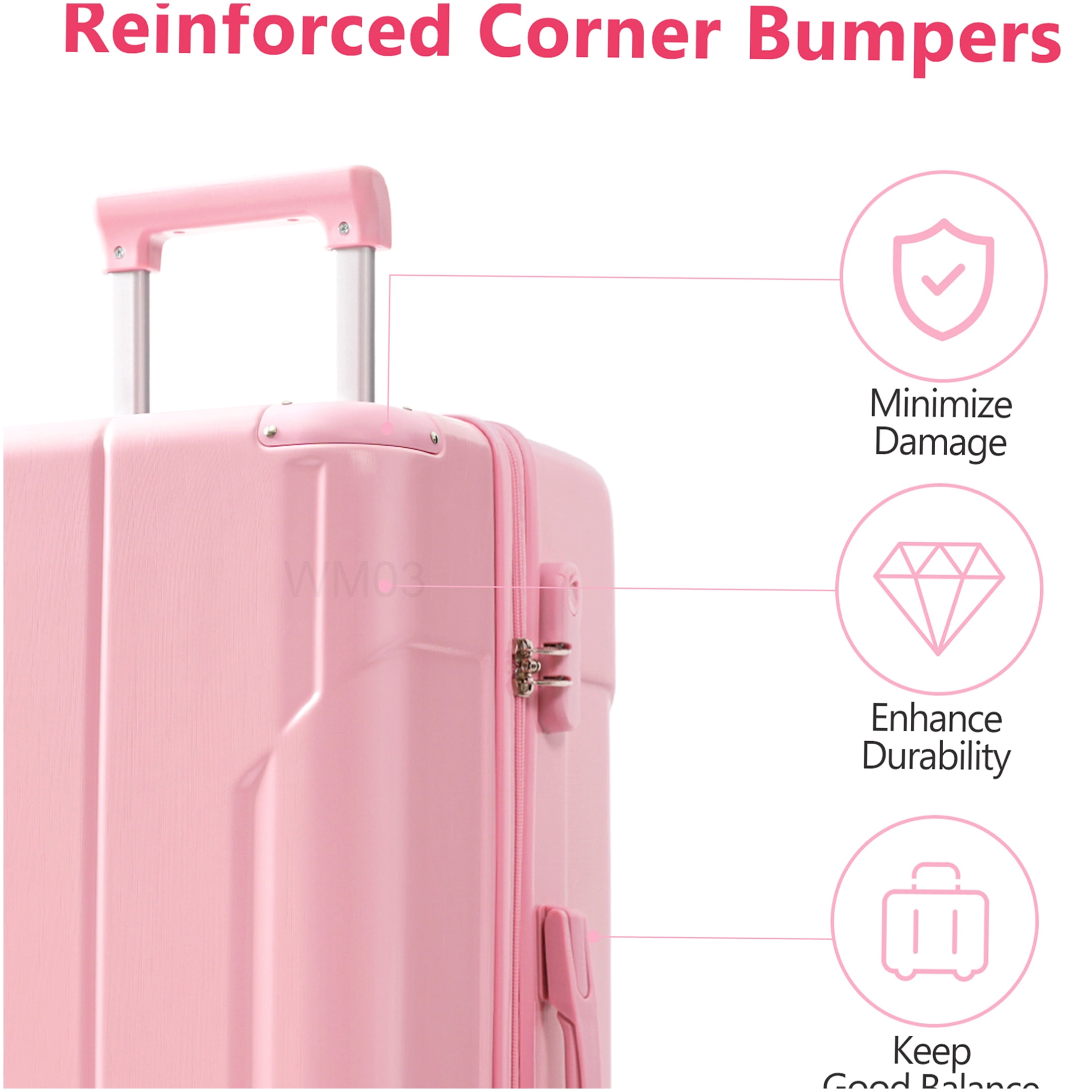 Pink Lightweight ABS Suitcase Set of 3, 20/24/28 Inch Hardshell Luggage with 8 Spinner Wheels