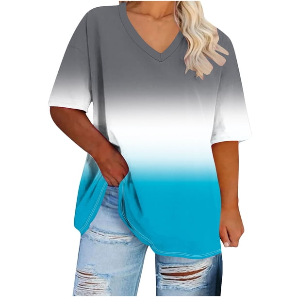 Camisetas de Verano de las Mujeres de Manga Corta con Cuello en V de Gran Tamaño Camiseta Deportiva Sólida, Base Cómoda Casual