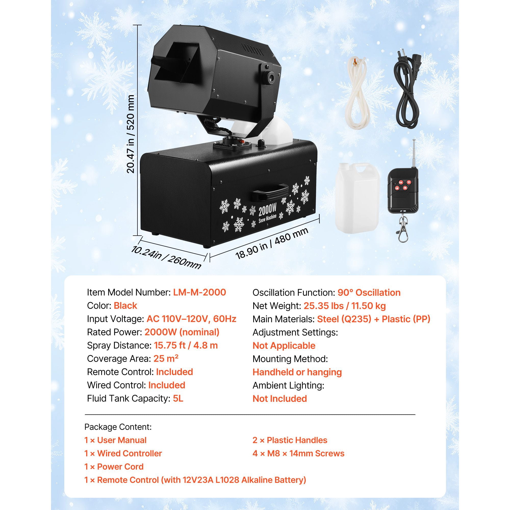 Snow Machine, 2000W 90°Shaking Head Snow Maker By Wireless/Wired Remote Control, High Output Snowmaking Machine Coverage Up To 25 M² With 5l Tank For Christmas Wedding Parties
