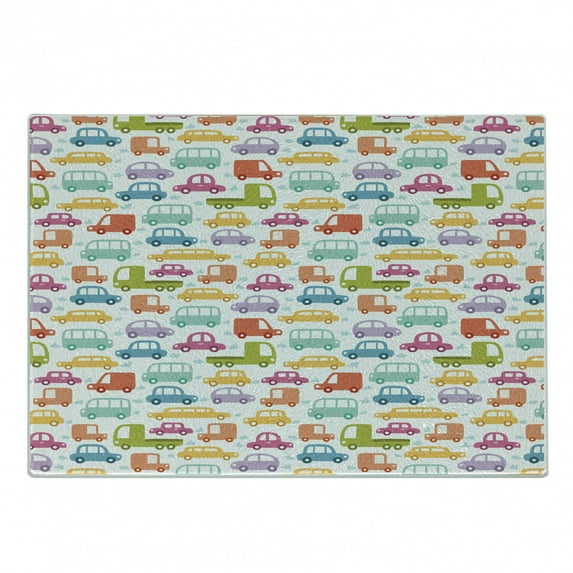 Cars Cutting Board, Drive on a Sunny Fun Summer Day Theme with Colorful Buses Trucks Exhaust Fumes, Decorative Tempered Glass Cutting and Serving Board, Small Size, Multicolor, by Ambesonne