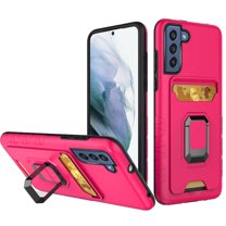 For Samsung Galaxy S22 Ultra Card Holder with Magnetic Ring Stand Hybrid Case Cover - Hot Pink