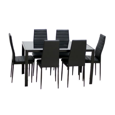 IDS Home 7-Pieces Dining Table Set, Home Dining Dinette Kitchen 6 People Dining Furniture Set with Glass Top Metal Leg