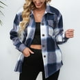 thumbnail image 4 of Defitshape Women's Button Down Shirt Casual Checkered Long Sleeve Plaid Printed Collared Shacket Blue 6, 4 of 5