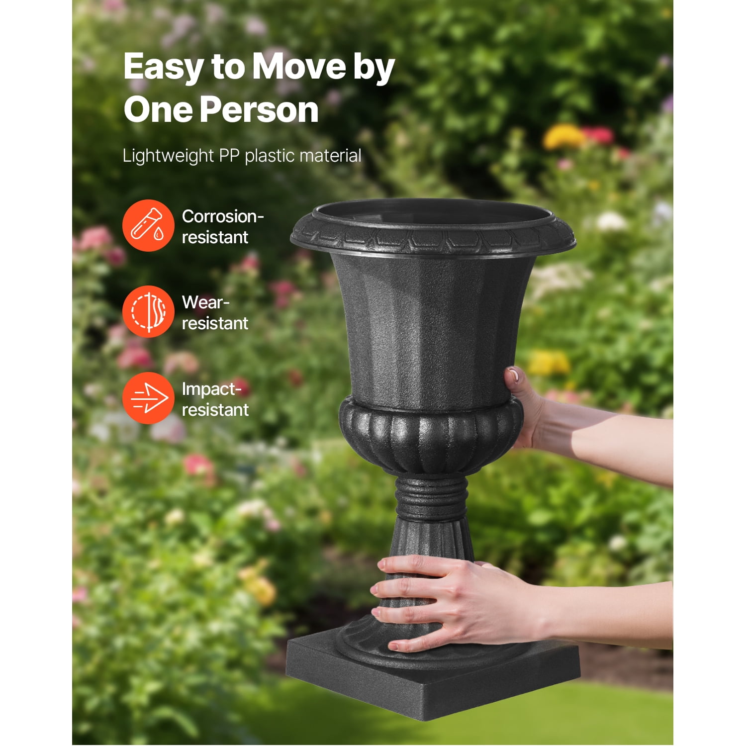 KFFKFF Set of 2 Black Plastic Urn Planters, 9.8 x 16.5 Inches, Classic Flower Pots for Indoor & Outdoor Use, Ideal for Weddings, Events, Home, Garden, Balcony, Patio, and Porch Decoration
