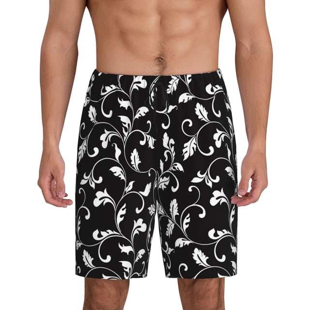 Balery Black White Leaves Pantalones cortos de pijama de punto de algodón para hombre con cinturilla y bolsillos-4X-Large