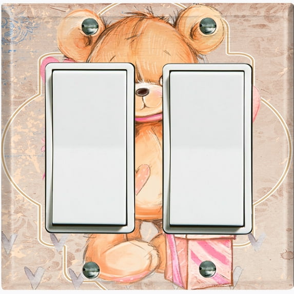 Metal Light Switch Wall Plate Outlet Cover (Teddy Bear Love Heart Flower Bouquet Balloon Present Tan - Double Rocker)