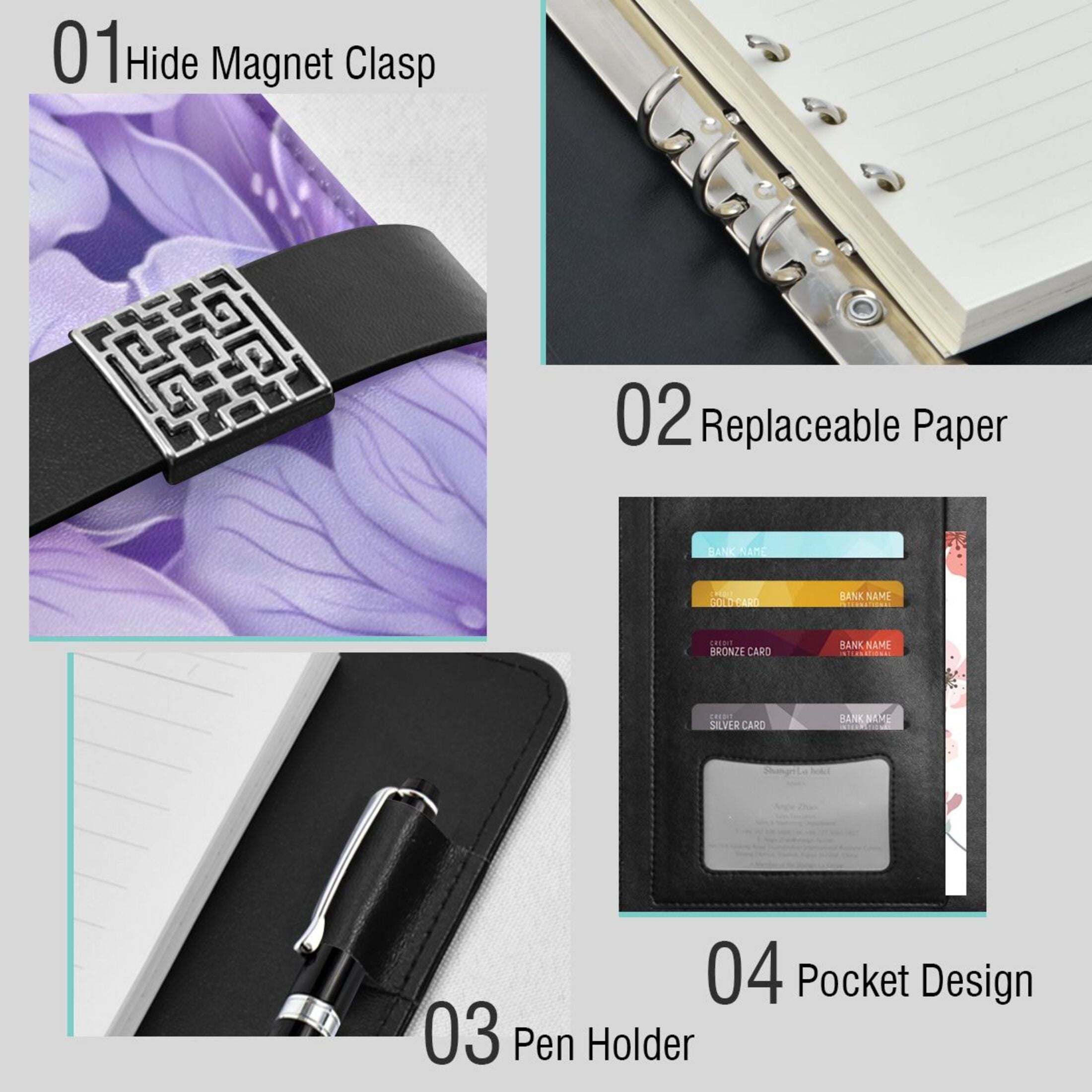 Leather Planner Leather Notebook Notebook Journal Binder Design Pen Pocket Design Convenient for Storage Light Purple Flowers