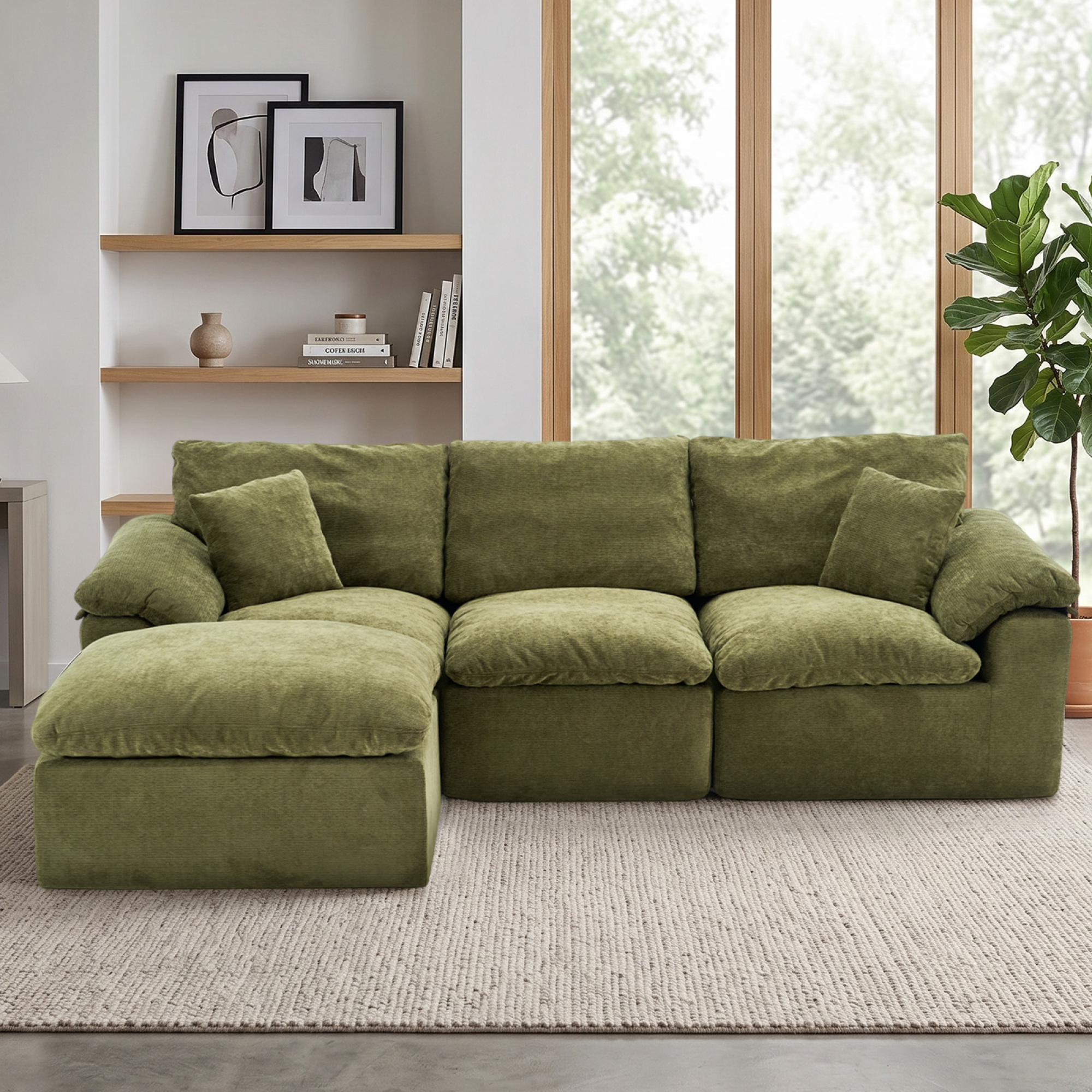 HOQBN Modular Sectional Sofa, L Shape Cloud Couch with 1 Movable Ottoman, Comfy Chenille Deep Seat Sofa with Soft Pillows for Living Room Apartment Green