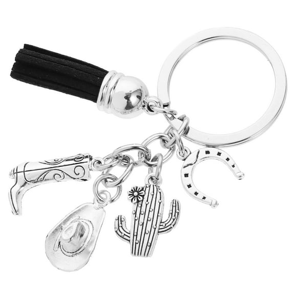 Raindrops Western Style Metal Keychain with Horseshoe, Hat, Cactus, Boot & Tassel Charm for Purse or Handbag Decor
