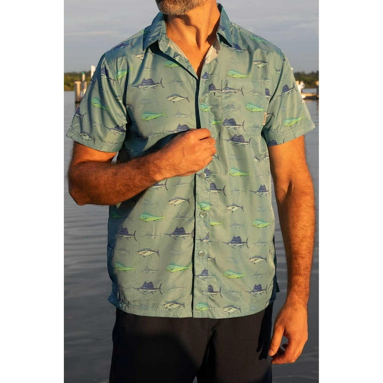 Mens Performance Short Sleeve Button Up Quick Dry Shirt 50+ UPF Fishing  Shirt, Faded Fish, Size: L, Momentum Comfort Gear 