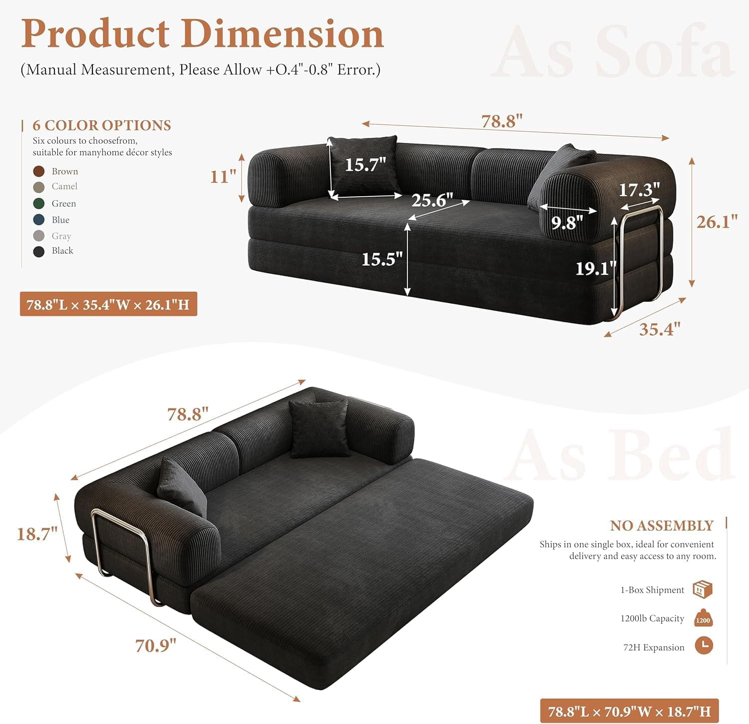 avobird 78" Convertible Sofa Bed, 5-in-1 Corduroy Futon Pull Out Couch, No Assembly Boneless Sleeper Sofa for Living Room & Bedroom, Black