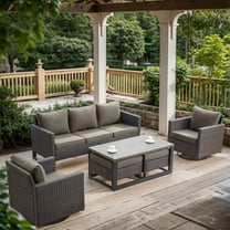 POCASSY 6 Pieces Patio Furniture Set, Weather-Resistant Patio Furniture with 3-Seater Sofa Swivel Patio Chairs Coffee Table and Ottoman, Brown Wicker Blue Cushion