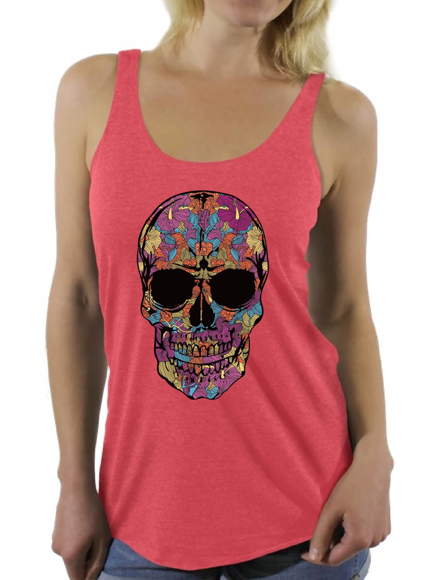 Women's Black Flowered Skull Graphic Racerback Tank Tops Floral Sugar Skull Day of Dead
