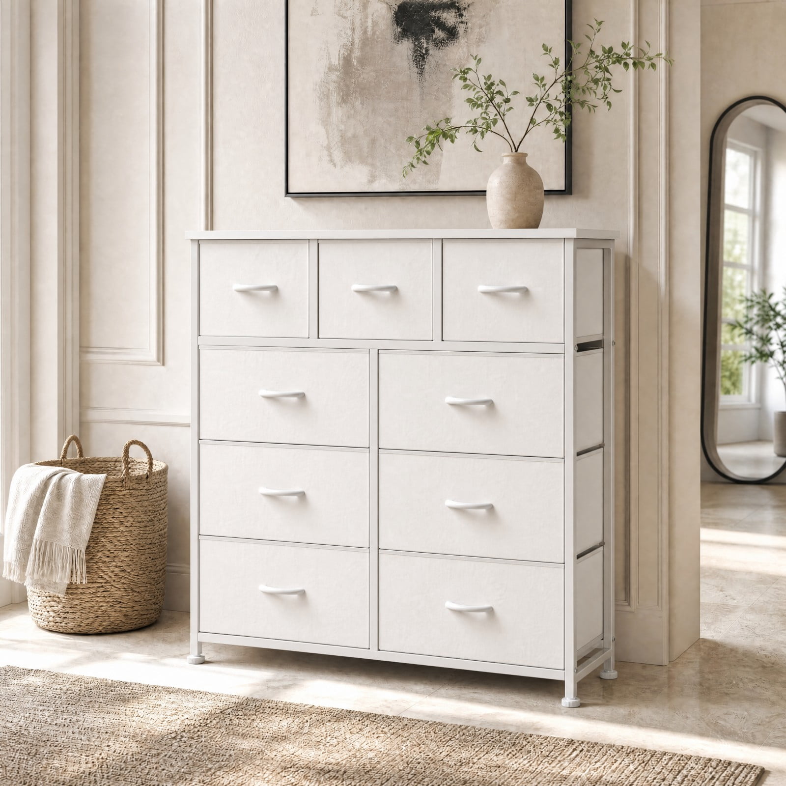 Telyra 9-Drawer Fabric Dresser Tall Storage Tower with Wood Top and Steel Frame Bedroom Closet Organizer, White