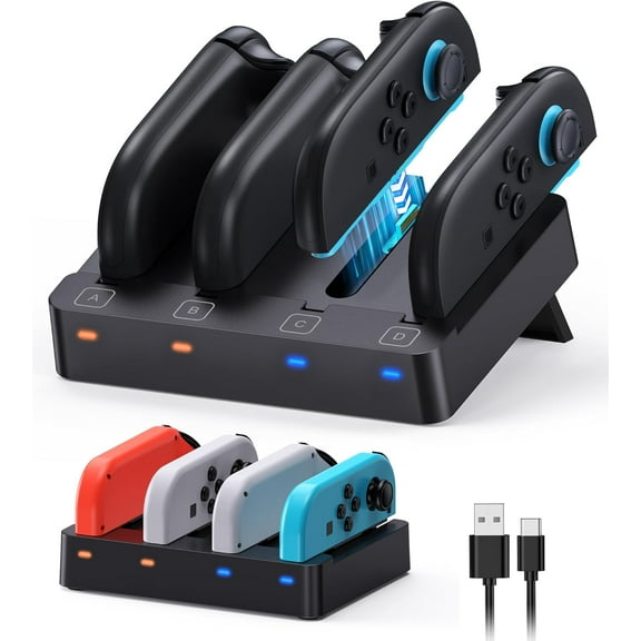 Multi-Device Charging Dock for Switch 2/Switch 1/OLED Controller, Horizontal Charger Station for Joy con and for Joycon 2 Accessories with Foldable Storage Stand