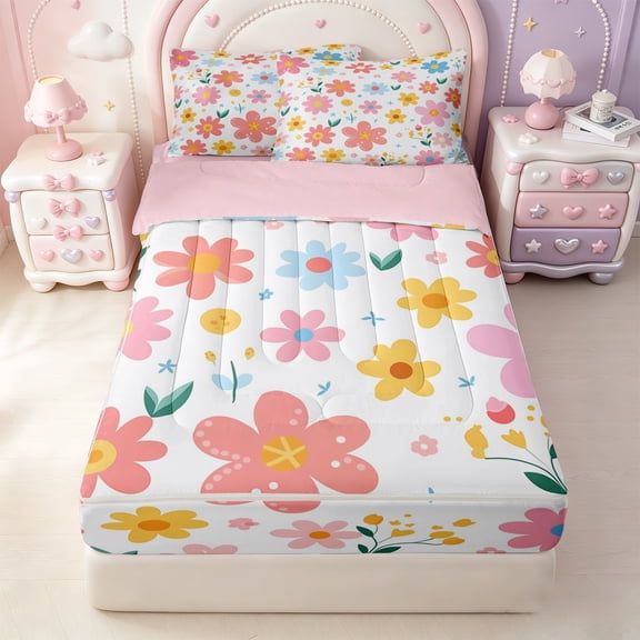 Erosebridal Multicolor Wild Floral Zipper Twin Comforter Sets with Fitted Sheet and 2 Pillowcases,Kawaii Flowers Pattern Zipper Bedding Set For Girls,Pink Reversible,4 Pieces
