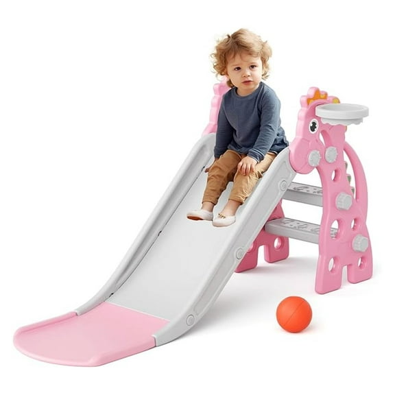 Toddler Slide Indoor for Toddlers 1-3 Baby Slide Outdoor Playset with Basketball Hoop and Ball Plastic Foldable Slides for Kids Backyard Climber Set (Pink)