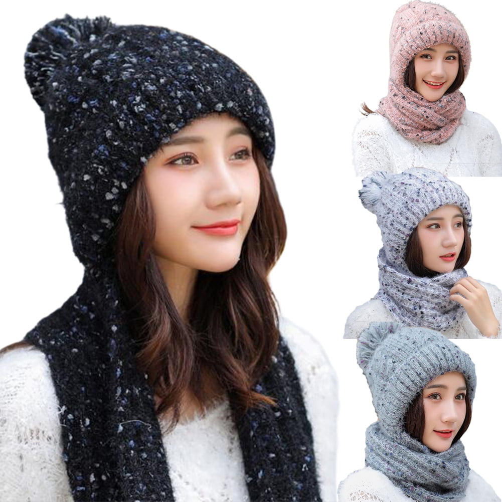Ladies Hat Set Warm Winter Wooly Heat Cable Knit Cap Causal Woollen Scarf Wear 
