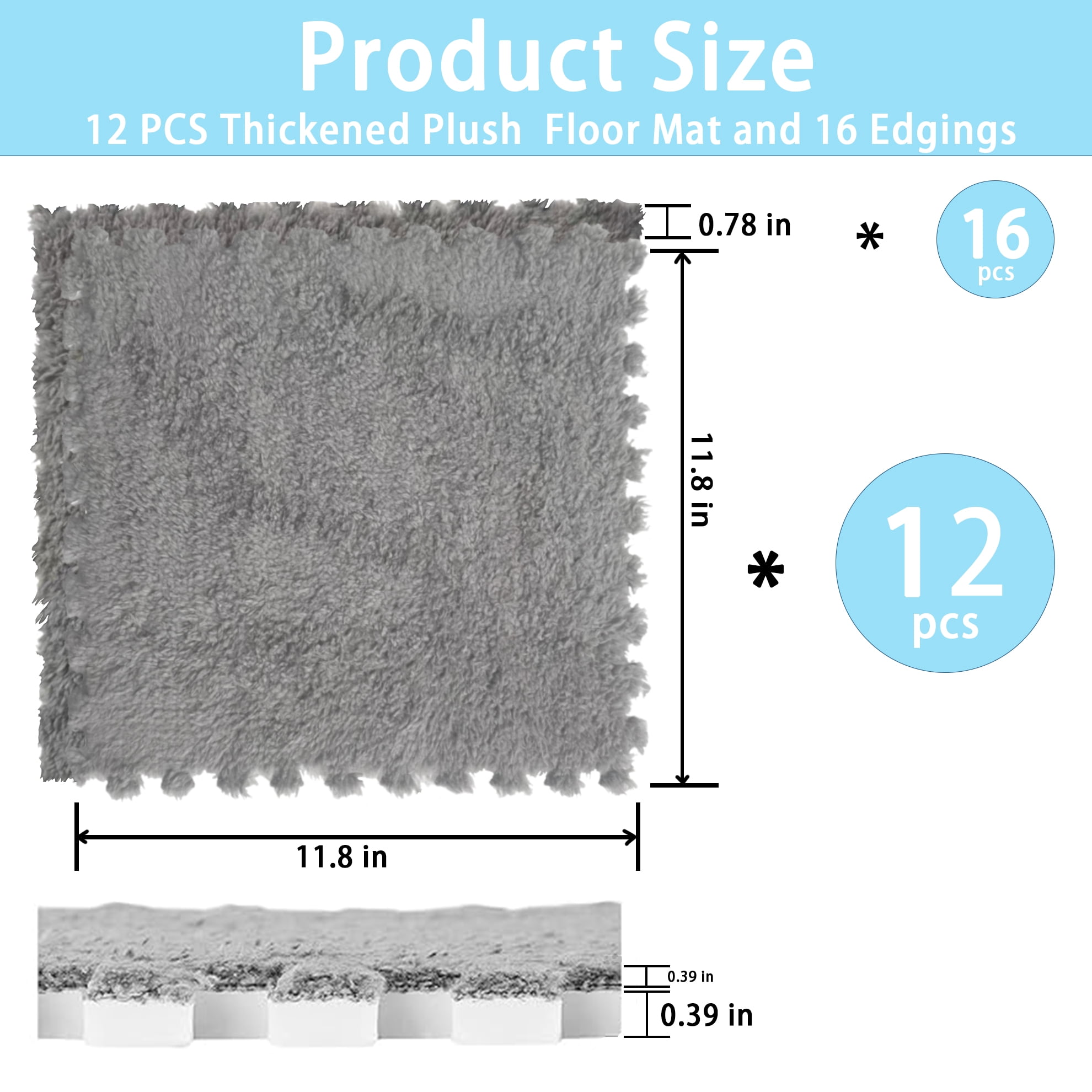 Interlocking Carpet Shaggy Soft EVA Foam Mats Fluffy Square Thickened Plush Tiles Protective Floor Tiles Exercise Play Mat for Children Kids Room Home Parlor Bedroom (Grey, 12 Pcs)