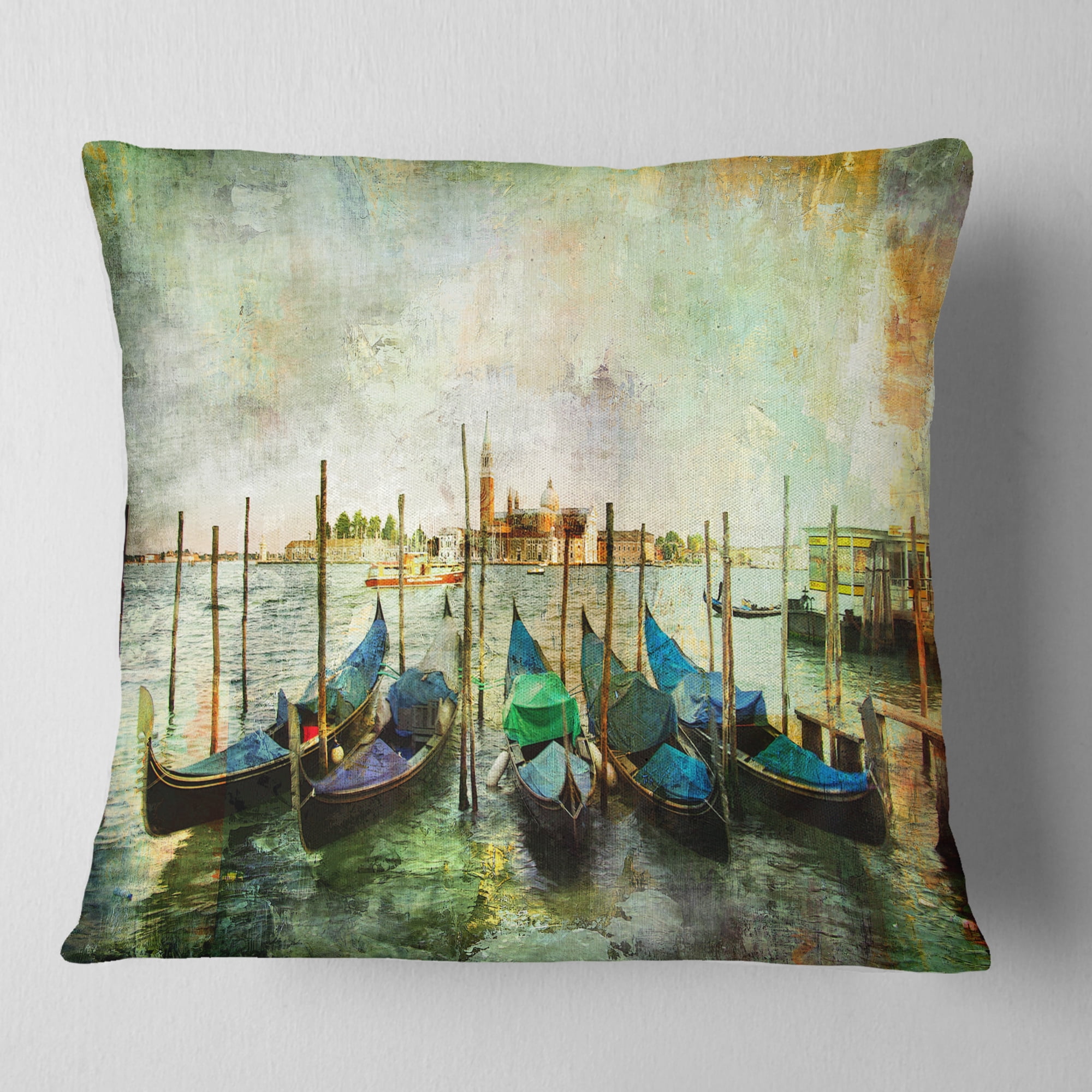 Designart Venetian Gondolas - Landscape Painting Throw Pillow - 18x18