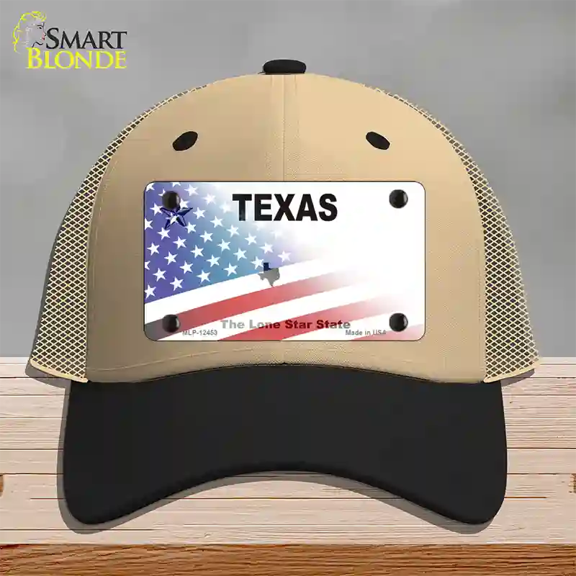Texas White with American Flag Novelty License Plate Hat Mesh Khaki|Black