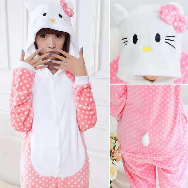 Pijama de una pieza de Hello Kitty para mujer, ropa de dormir de franela Kawaii, monos gruesos con capucha, disfraz de Cosplay de Halloween