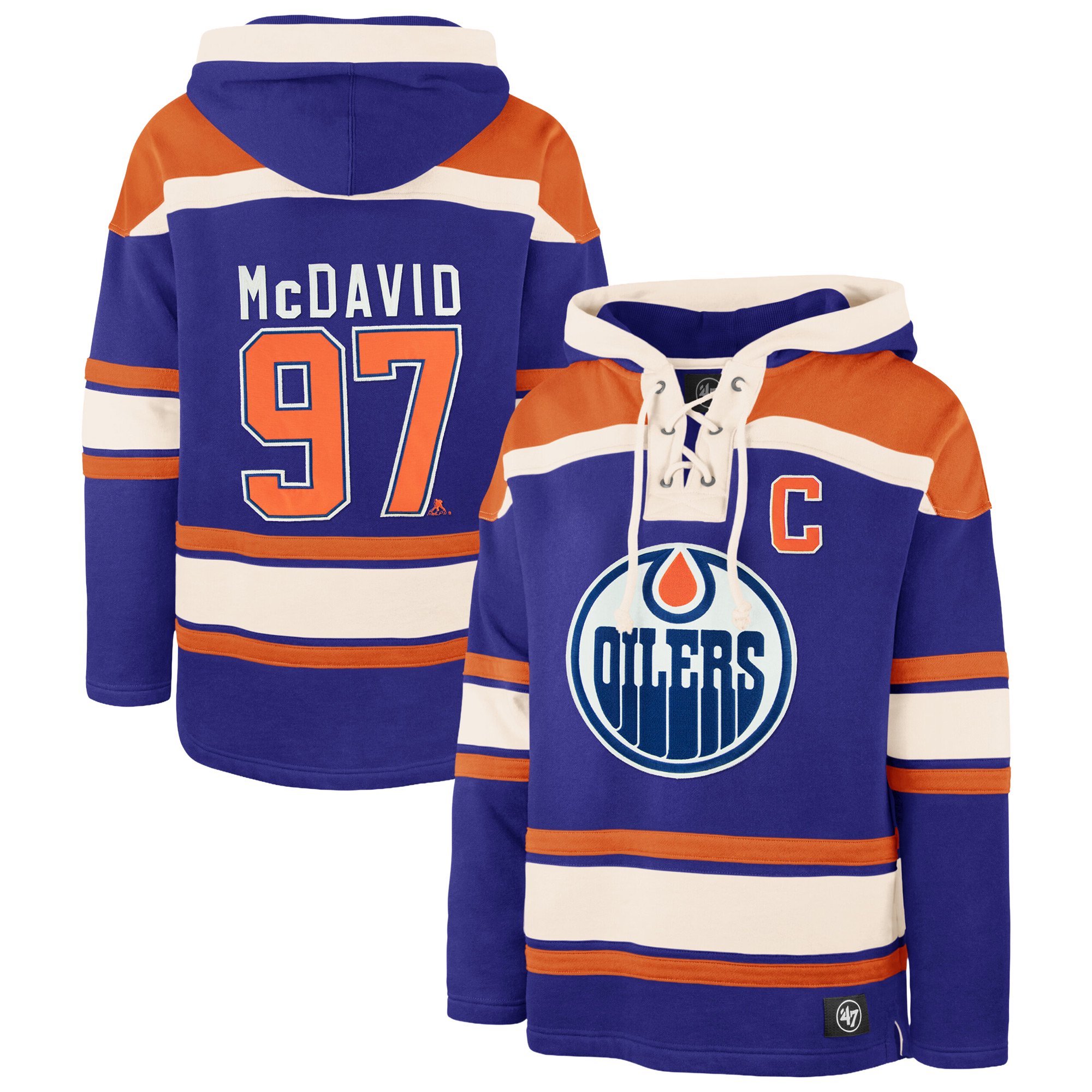 Men's '47 Connor McDavid Royal Edmonton Oilers Player Name & Number Lacer Hoodie