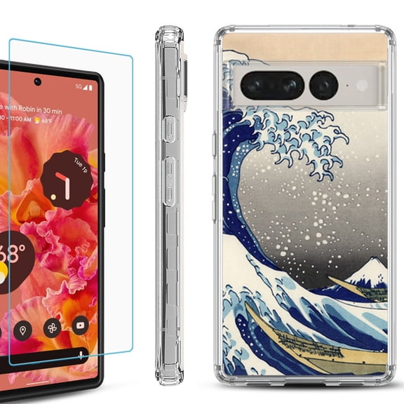 Shockproof Bumper Phone Case for Google Pixel 7 Pro, with Tempered Glass Screen Protector, by OneToughShield ® - Great Wave
