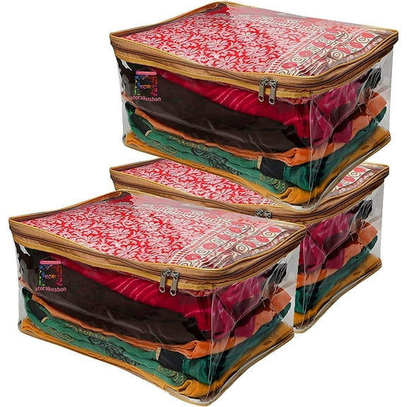 atorakushon Pack of 3 Saree Blouse Garments Storage Cover pouch Cloth Bag Full Transparent for Clear View with Zip Lock For Gown Suits Dresses (Gold)