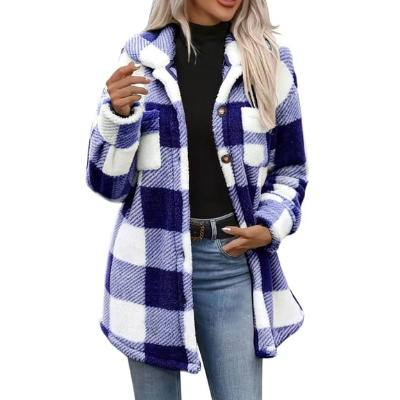 cocolona Womens Plaid Fleece Jacket Lapel Long Sleeve Button Down Coat Fall Winter Classic Trendy Outerwear