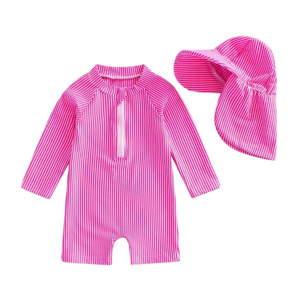 Tiijoy Boys Striped Zipper Long Sleeve Rashguard 1-Piece Swimsuit & Hat, Sizes 0-24 Months