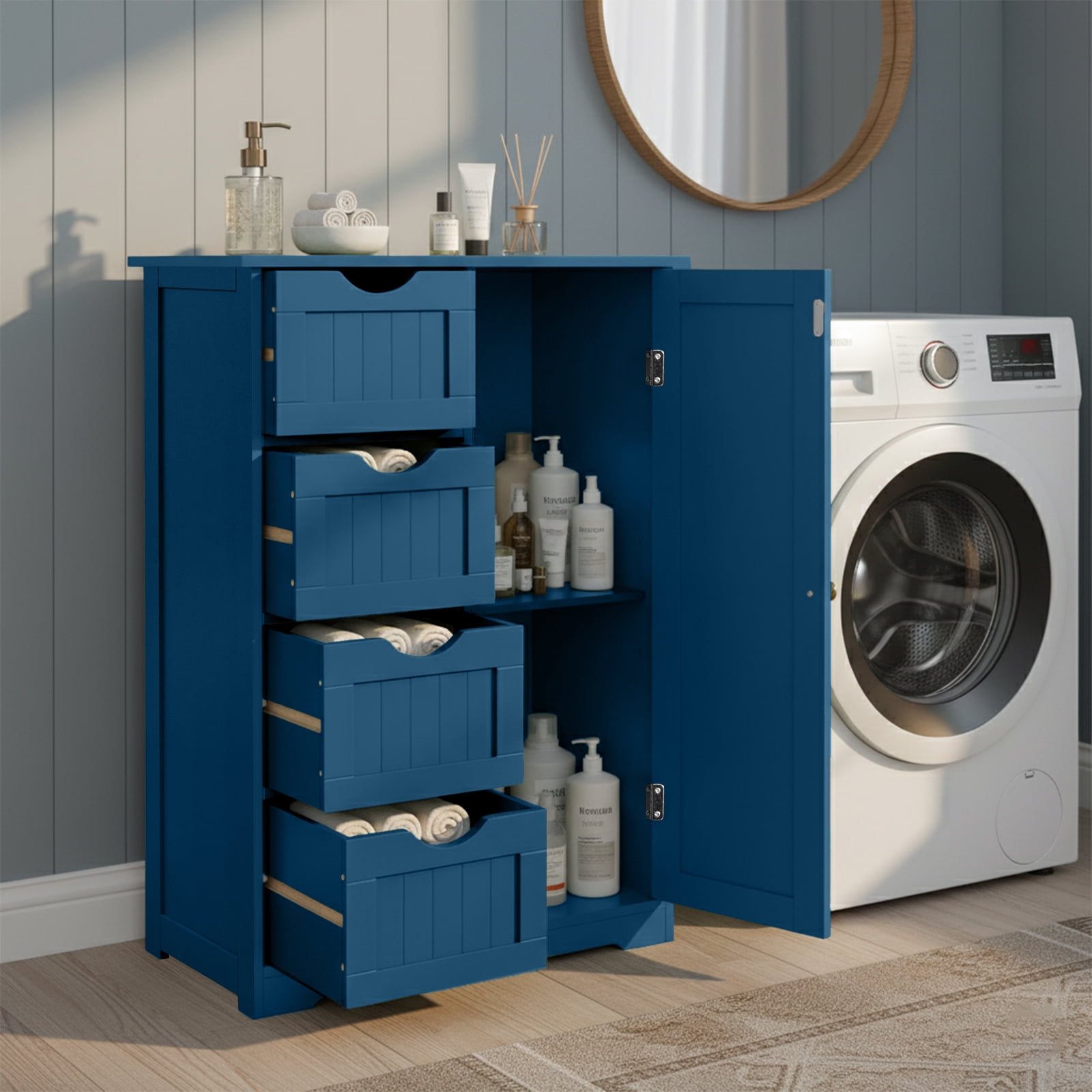 Ktaxon Wooden Bathroom Floor Cabinet, Side Storage Organizer with 4 Drawers, 1 Cupboard & 2-Shelves, Navy Blue