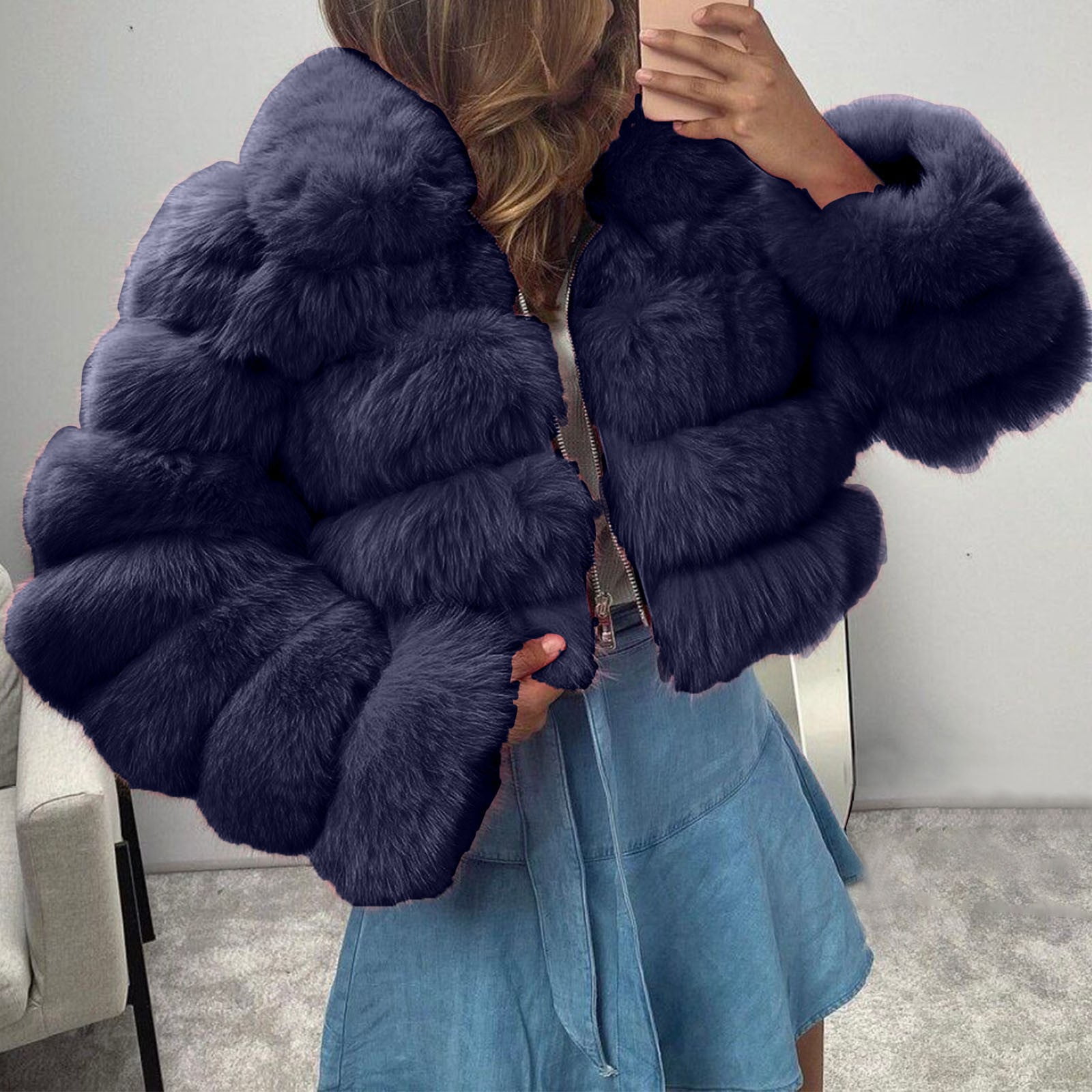 Brnmxoke Women Fluffy Faux Fur Coat Cropped Jackets Luxury Wedding Party Hooded Puffer Jacket Zip Up Winter Warm Fuzzy Teddy Jacket Overcoat Navy,XXXL