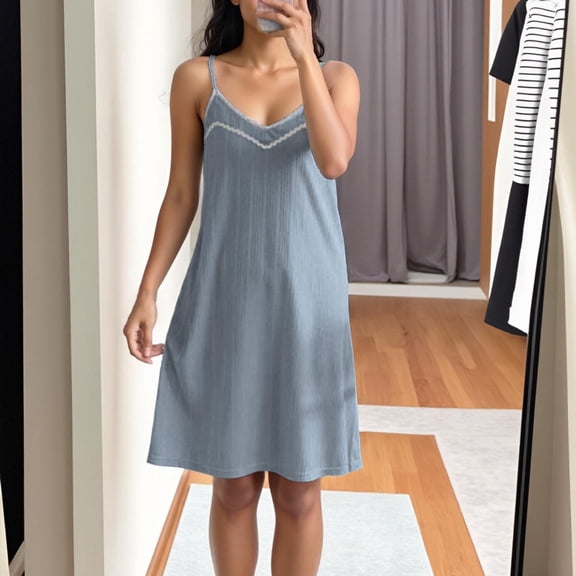 Blmnix Sexy Nightgown Sleep Shirts for Women Chemises Cotton Nightgowns Nightshirt Sweetheart Blue Knee Length Sleeveless Sleep Dress for Women,L