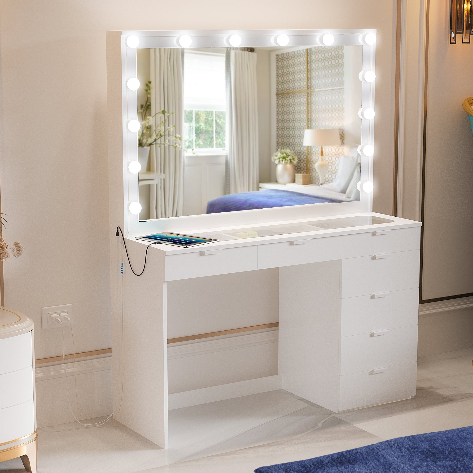 Ember Interiors Polly Modern White Painted Vanity Table, Lights, USB