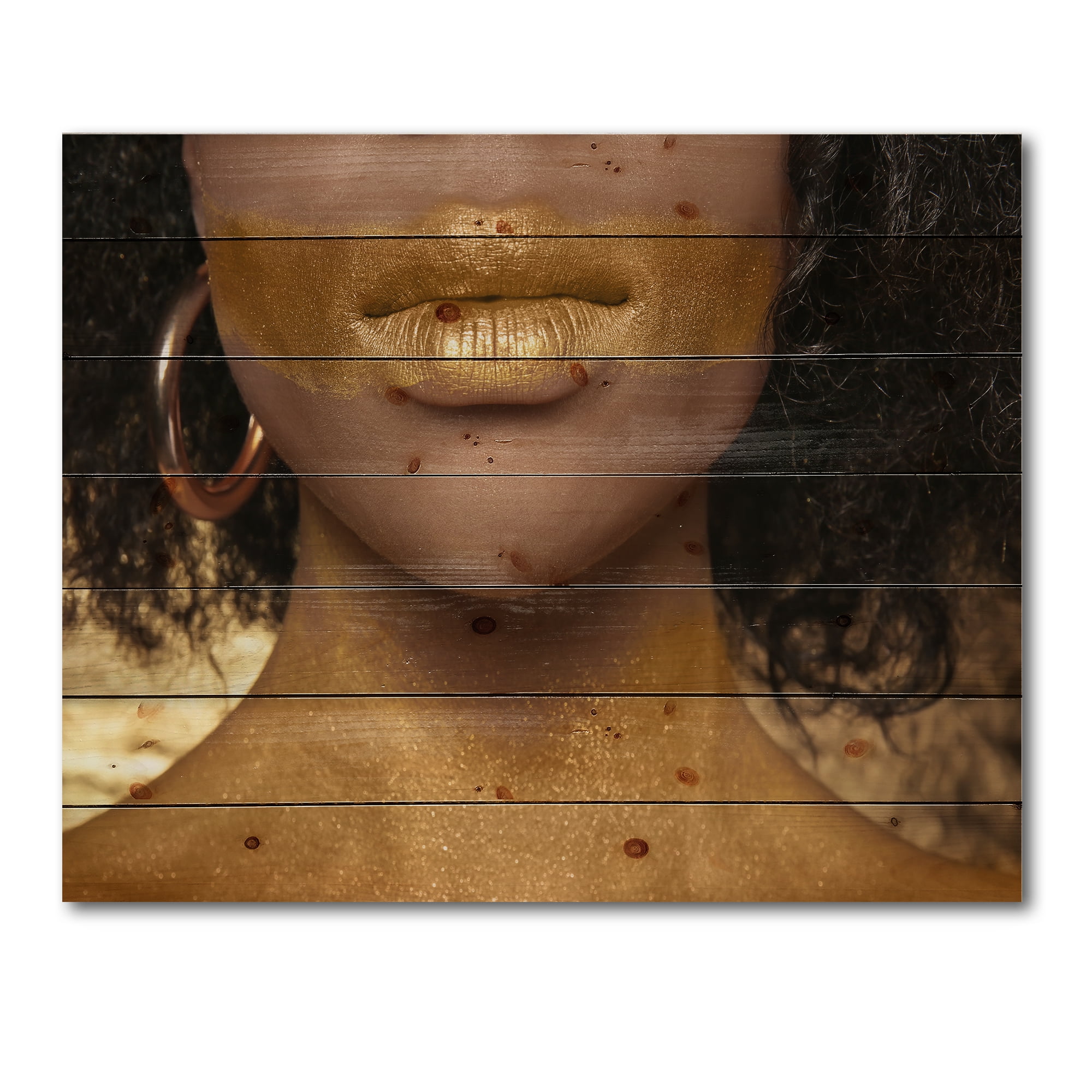 Designart 'Afro American Girl With Golden Paint on Body' Modern Print on Natural Pine Wood