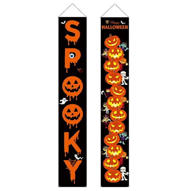 KAKOWELY 2 banderines de Halloween para puerta, decoración de puerta espeluznante para porche, letrero de Feliz Halloween