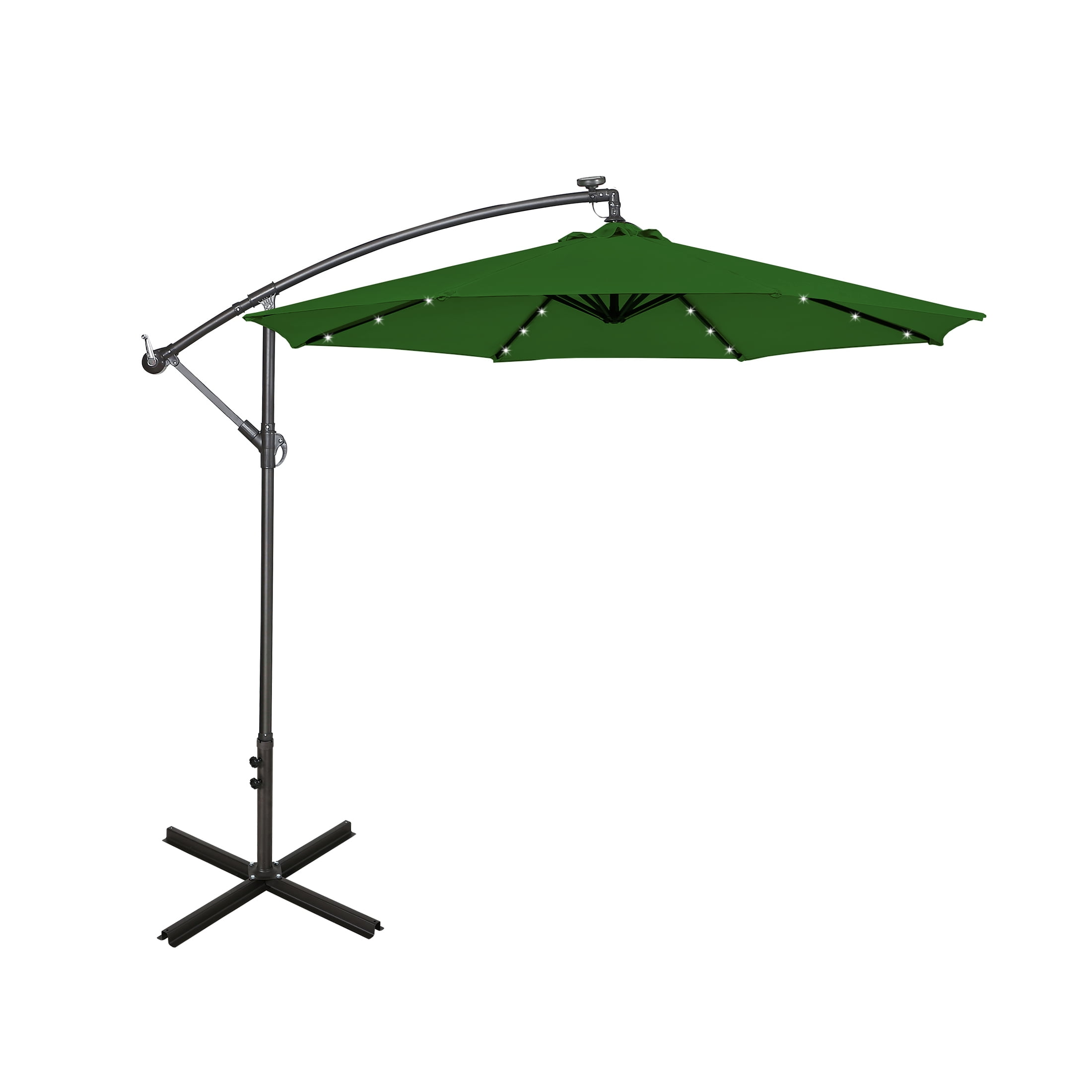 WestinTrends Albert 10 Ft Offset Patio Umbrella, Solar Powered 32 LED Light Outdoor Pool Hanging Cantilever Umbrella with Infinite Tilt and Crank Lift, Dark Green