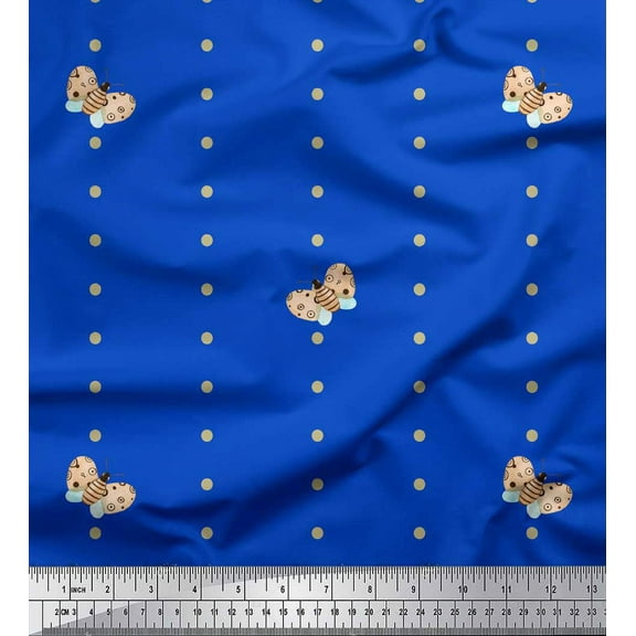 Soimoi Blue Cotton Duck Fabric Dot & Honey Bee Insect Print Fabric by Yard 42 Inch Wide