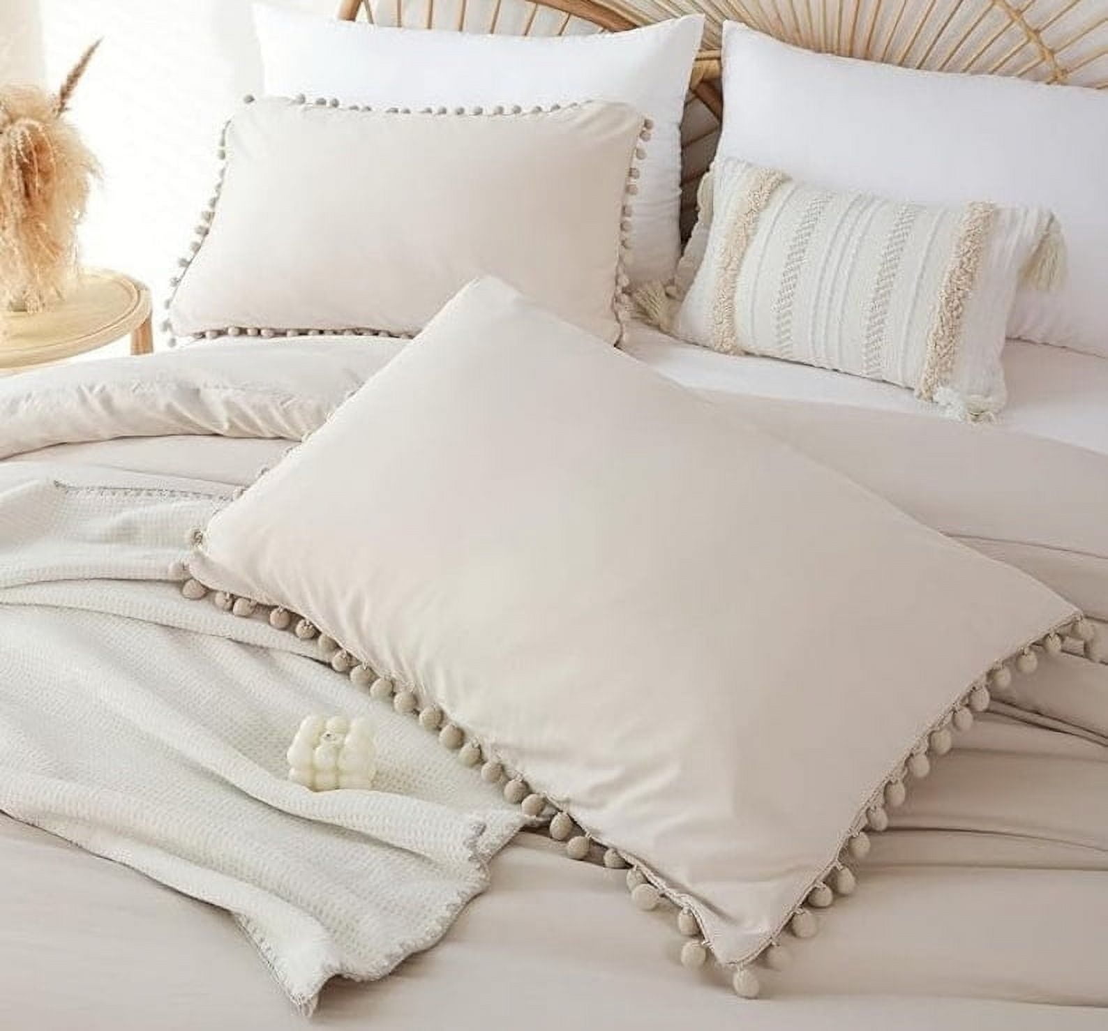 Pompom Cotton Duvet Cover Beige 3 Piece - Ultra Soft And Easy Care Bedding Set Organic Boho Bedding Twin, Duvet Cover Set of Duvet