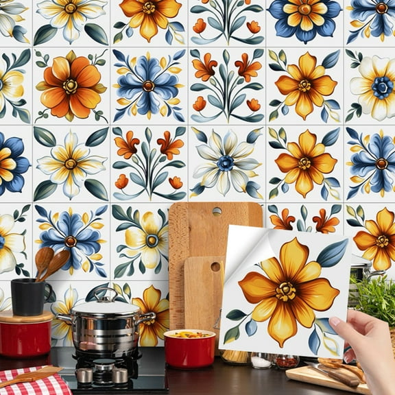 30 Pcs Tile Wall Sticker Kitchen Backsplash 5.9"x5.9" Removable Waterproof PVC Flowers DIY Decals Peel and Stick Tiles