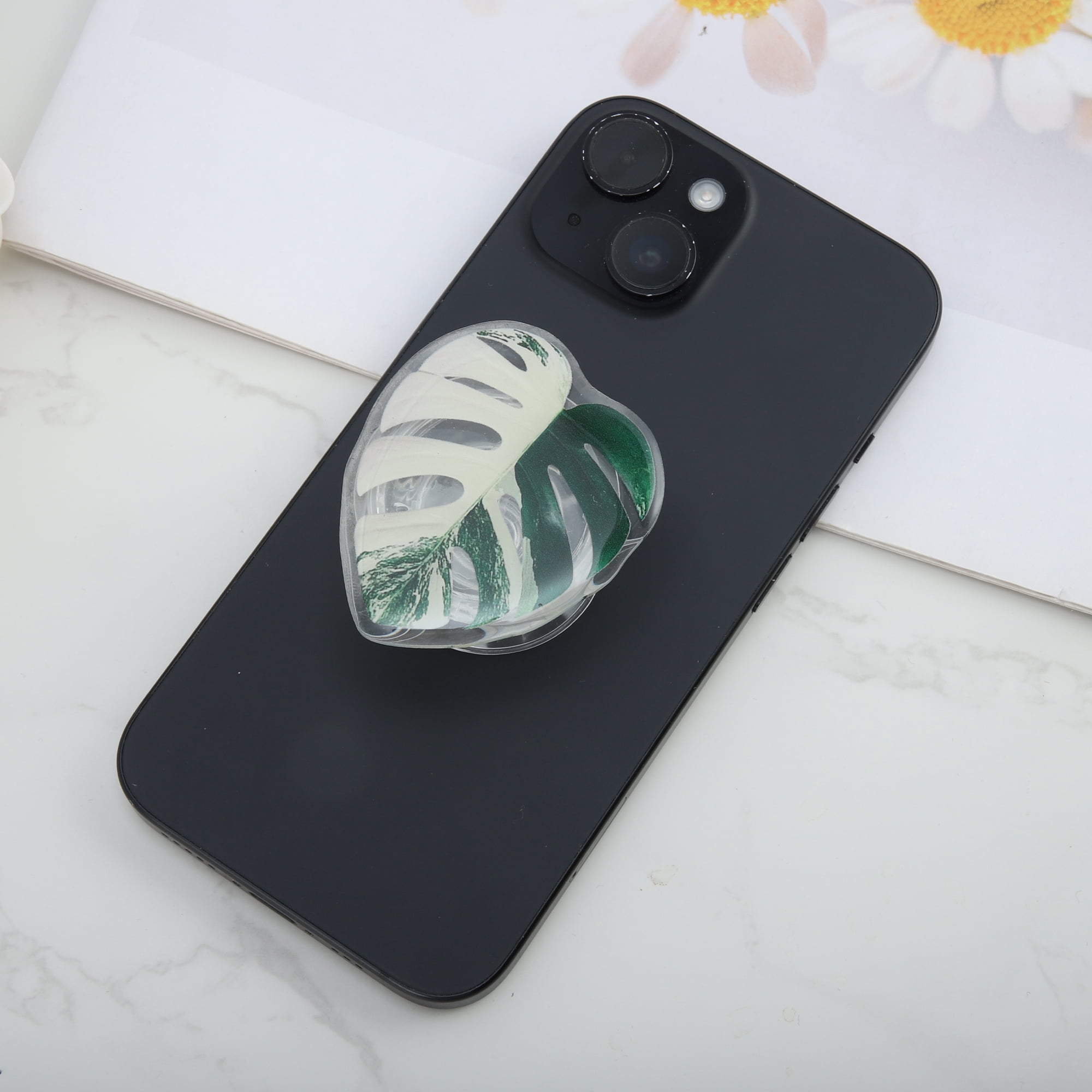 Unique Bargains Leaf Pattern Phone Grip with Strong Adhesive Backing Dark Green