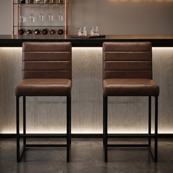 FFZ 38"Tall Set of 2 Counter Height Bar Stools with PU Cushion and Metal Legs, Black Brown
